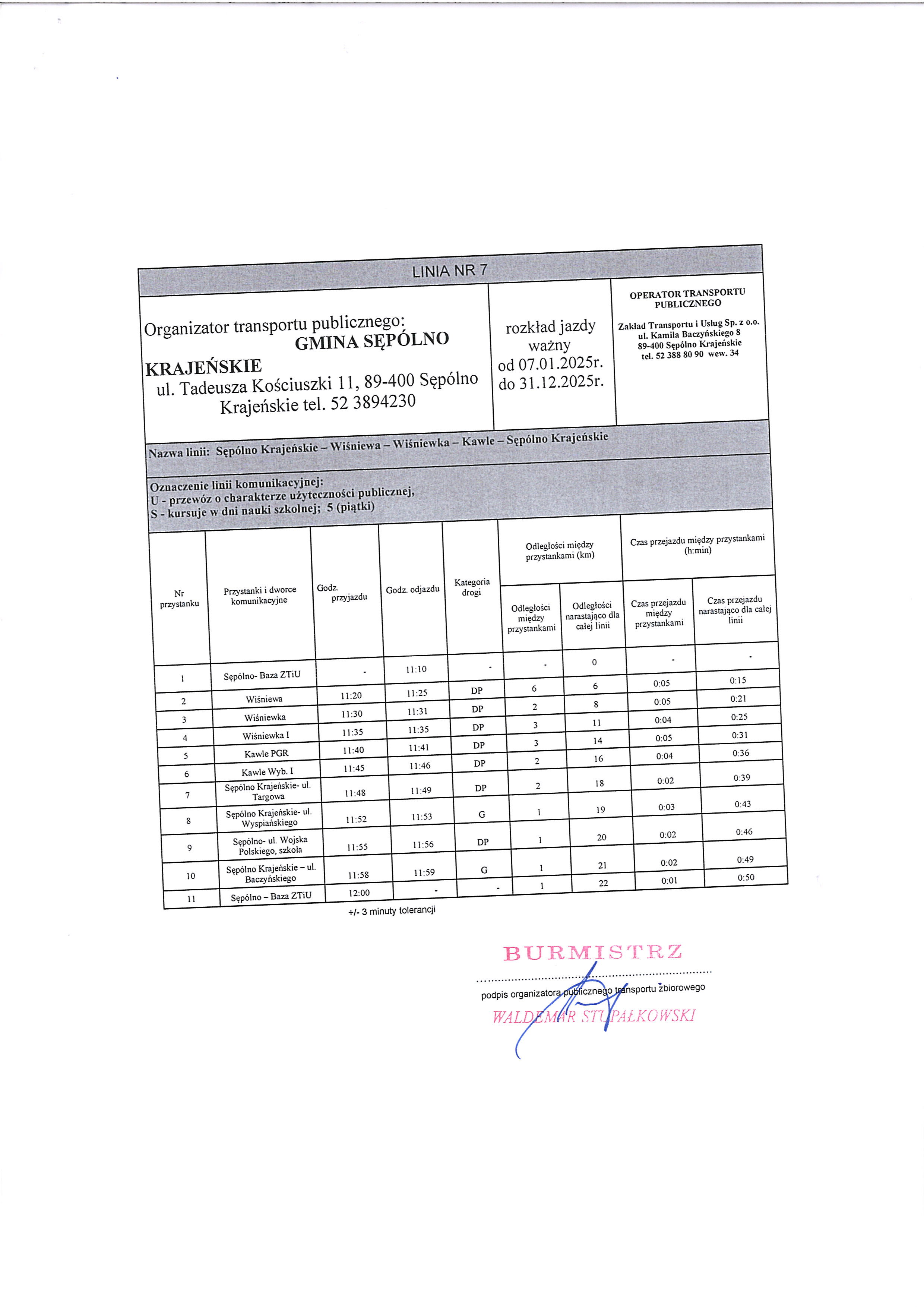 ROZKŁAD JAZDY – transport publiczny – ważny od 07.01.2025 r.